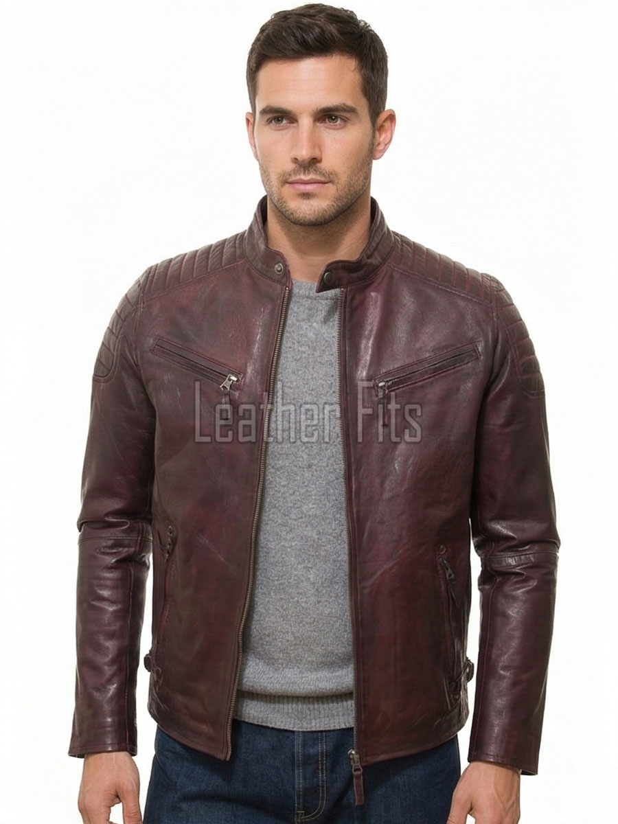 Men Oxblood Leather Biker Jacket - Vintage Burgundy Moto Cafe Racer Premium Real Sheepskin Ribbed Shoulder Padded Waist Zip Coat Men Outerwear