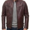 Men Oxblood Leather Biker Jacket - Vintage Burgundy Moto Cafe Racer Premium Real Sheepskin Ribbed Shoulder Padded Waist Zip Coat Men Outerwear