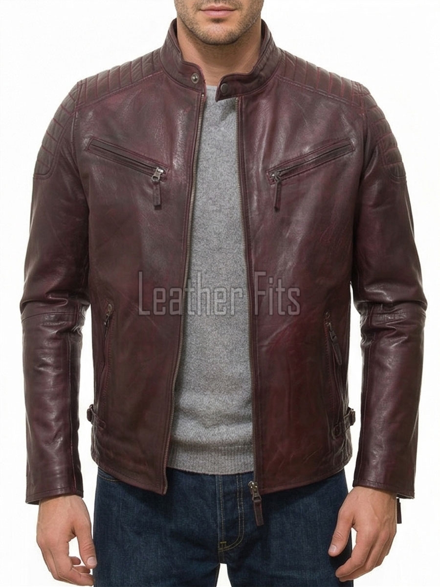 Men Oxblood Leather Biker Jacket - Vintage Burgundy Moto Cafe Racer Premium Real Sheepskin Ribbed Shoulder Padded Waist Zip Coat Men Outerwear