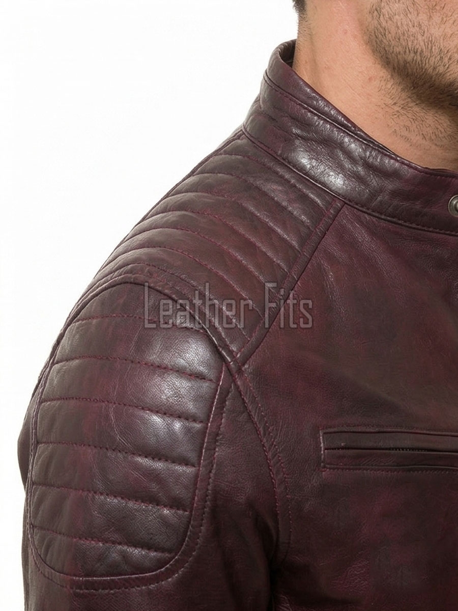 Men Oxblood Leather Biker Jacket - Vintage Burgundy Moto Cafe Racer Premium Real Sheepskin Ribbed Shoulder Padded Waist Zip Coat Men Outerwear
