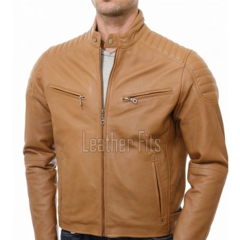 Men Tan Leather Jacket - Camel Moto Cafe Racer Premium Real Sheepskin Ribbed Shoulder Padded Waist Light Cognac Zip Coat Men Outerwear