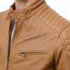 Men Tan Leather Jacket - Camel Moto Cafe Racer Premium Real Sheepskin Ribbed Shoulder Padded Waist Light Cognac Zip Coat Men Outerwear