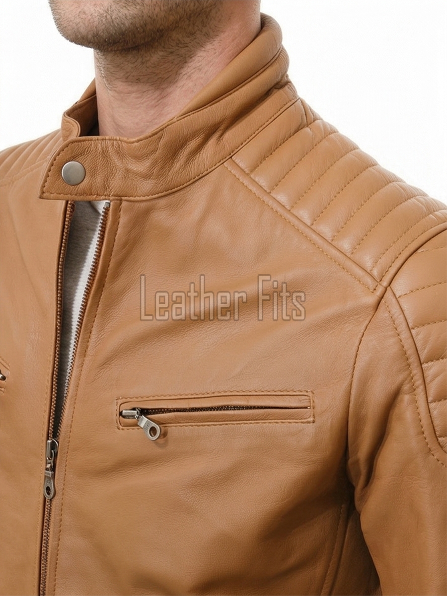 Men Tan Leather Jacket - Camel Moto Cafe Racer Premium Real Sheepskin Ribbed Shoulder Padded Waist Light Cognac Zip Coat Men Outerwear
