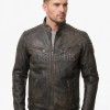 Men Dark Brown Leather Jacket - Vintage Moto Cafe Racer Premium Real Sheepskin Ribbed Shoulder Padded Waist Charcoal Zip Coat Men Outerwear