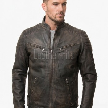 Men Dark Brown Leather Jacket - Vintage Moto Cafe Racer Premium Real Sheepskin Ribbed Shoulder Padded Waist Charcoal Zip Coat Men Outerwear