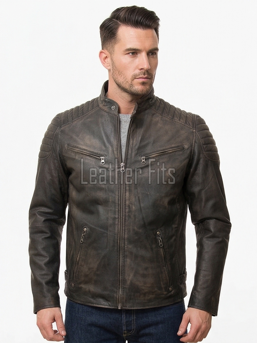 Men Dark Brown Leather Jacket - Vintage Moto Cafe Racer Premium Real Sheepskin Ribbed Shoulder Padded Waist Charcoal Zip Coat Men Outerwear