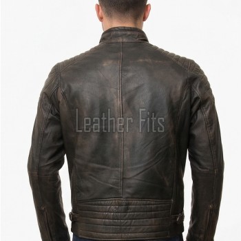 Men Dark Brown Leather Jacket - Vintage Moto Cafe Racer Premium Real Sheepskin Ribbed Shoulder Padded Waist Charcoal Zip Coat Men Outerwear