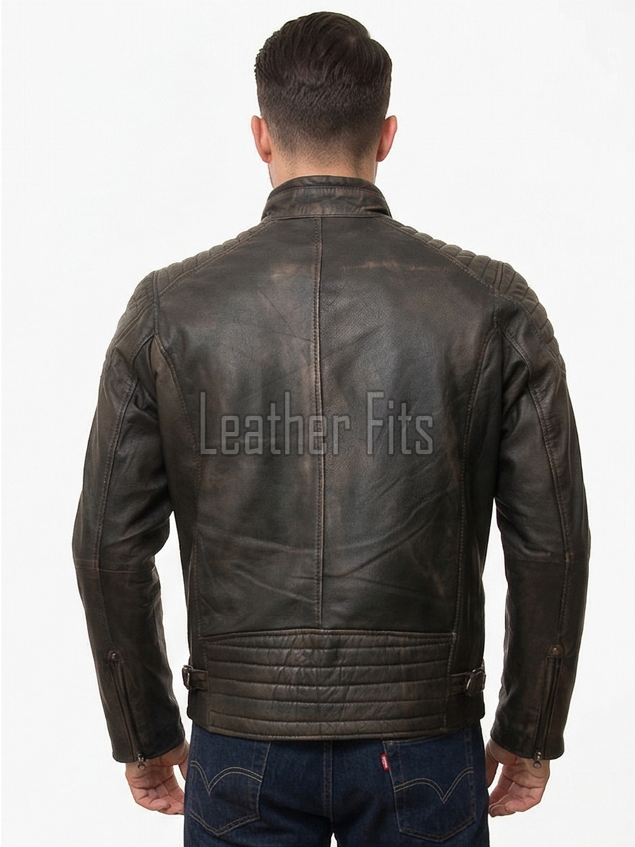 Men Dark Brown Leather Jacket - Vintage Moto Cafe Racer Premium Real Sheepskin Ribbed Shoulder Padded Waist Charcoal Zip Coat Men Outerwear
