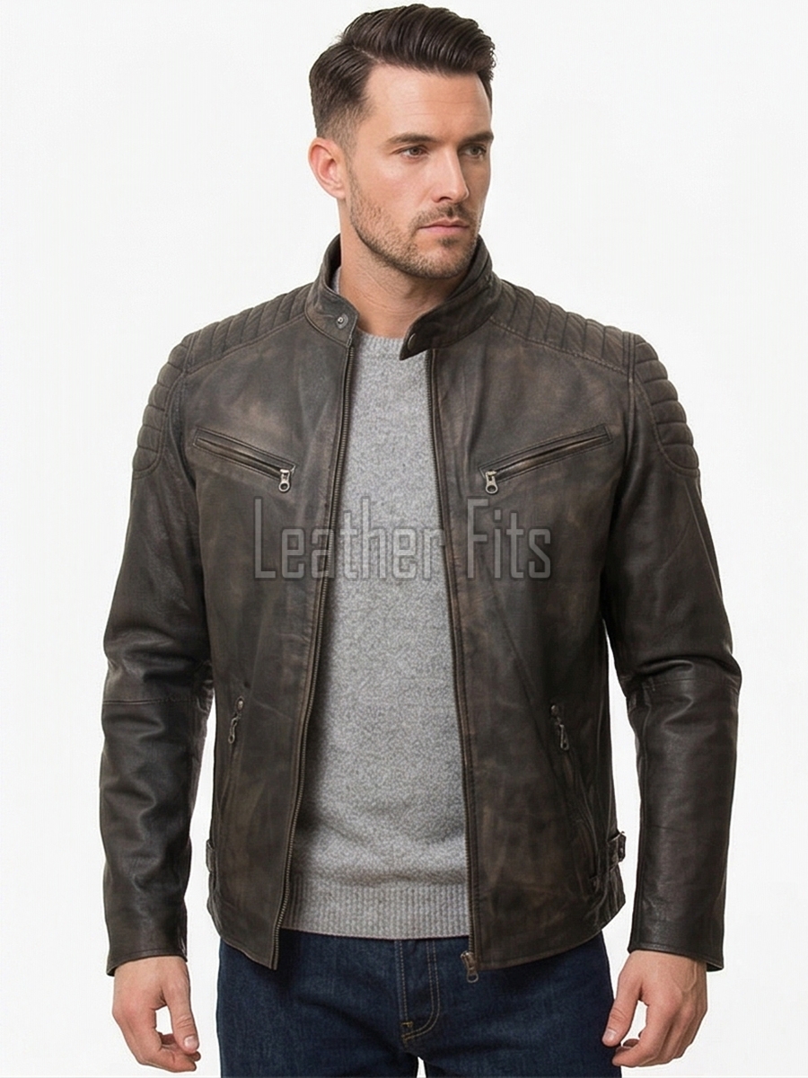 Men Dark Brown Leather Jacket - Vintage Moto Cafe Racer Premium Real Sheepskin Ribbed Shoulder Padded Waist Charcoal Zip Coat Men Outerwear