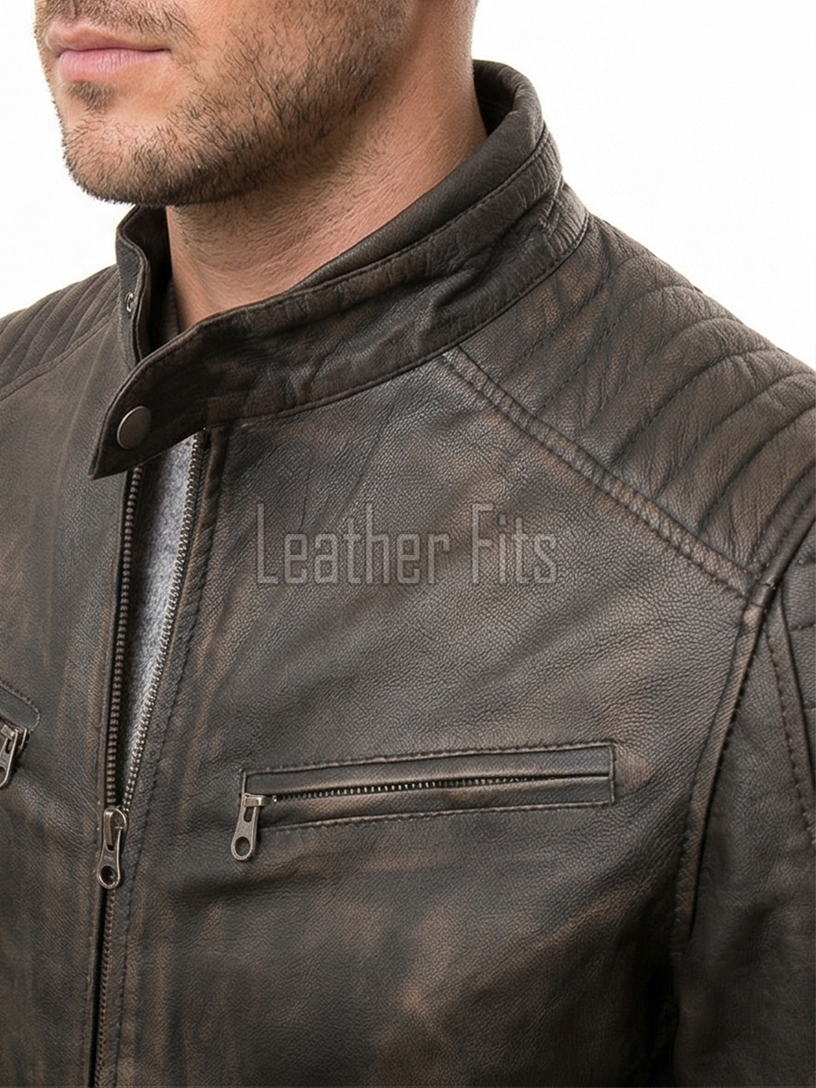 Men Dark Brown Leather Jacket - Vintage Moto Cafe Racer Premium Real Sheepskin Ribbed Shoulder Padded Waist Charcoal Zip Coat Men Outerwear