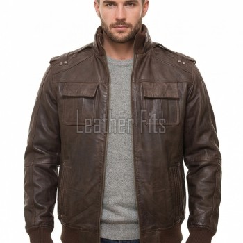 Men Brown Leather Bomber Jacket - Vintage Distressed Sheepskin Cargo Pocket Epaulet Flight Coat Casual Earth Patina Outerwear Men