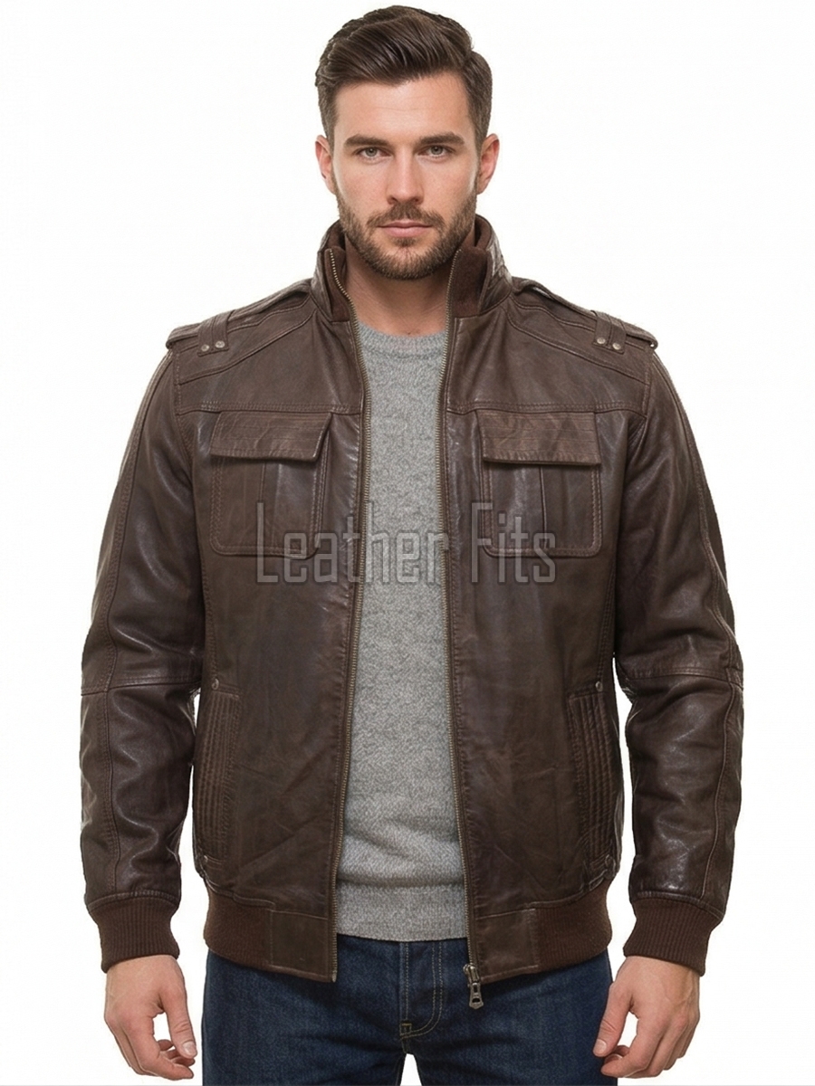 Men Brown Leather Bomber Jacket - Vintage Distressed Sheepskin Cargo Pocket Epaulet Flight Coat Casual Earth Patina Outerwear Men