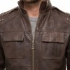 Men Brown Leather Bomber Jacket - Vintage Distressed Sheepskin Cargo Pocket Epaulet Flight Coat Casual Earth Patina Outerwear Men