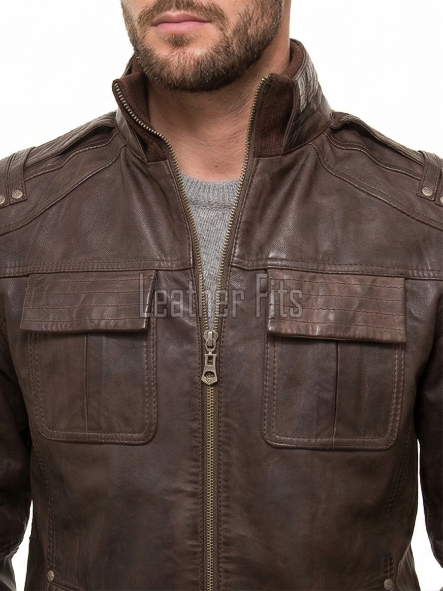 Men Brown Leather Bomber Jacket - Vintage Distressed Sheepskin Cargo Pocket Epaulet Flight Coat Casual Earth Patina Outerwear Men