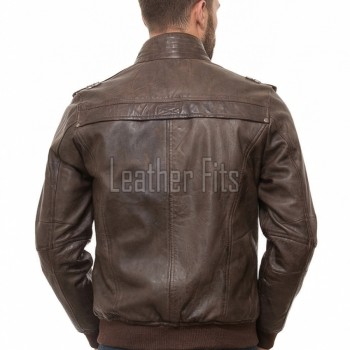Men Brown Leather Bomber Jacket - Vintage Distressed Sheepskin Cargo Pocket Epaulet Flight Coat Casual Earth Patina Outerwear Men