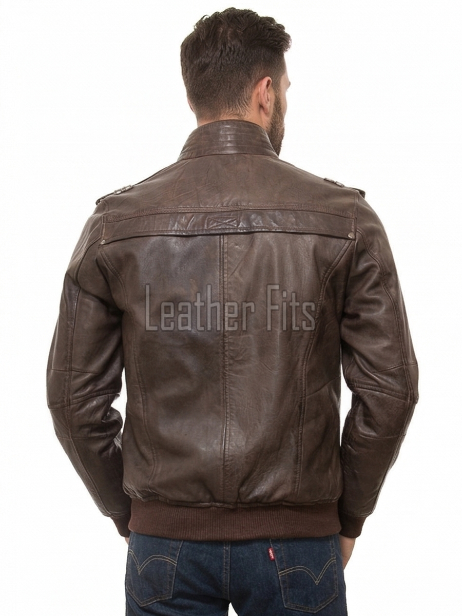 Men Brown Leather Bomber Jacket - Vintage Distressed Sheepskin Cargo Pocket Epaulet Flight Coat Casual Earth Patina Outerwear Men