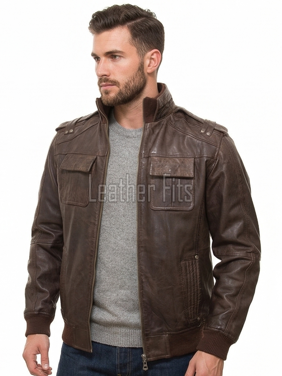 Men Brown Leather Bomber Jacket - Vintage Distressed Sheepskin Cargo Pocket Epaulet Flight Coat Casual Earth Patina Outerwear Men