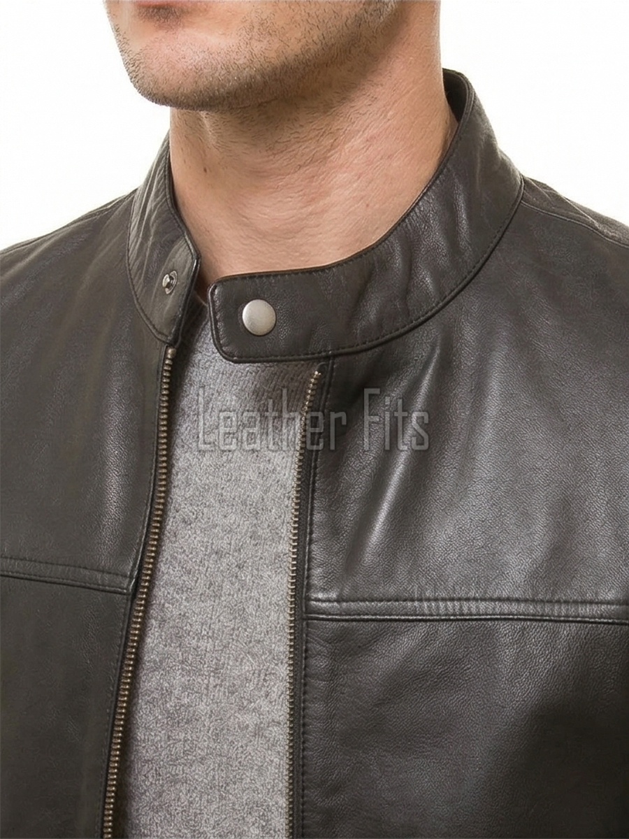 Men Dark Brown Leather Jacket - Premium Genuine Sheepskin Café Racer Slim Fit Motorbike Biker Coat Casual Sleek Minimalist Outerwear