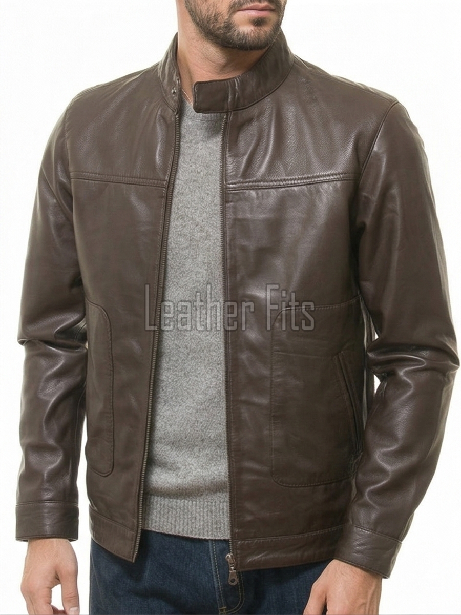 Men Chocolate Brown Leather Jacket - Premium Real Sheepskin Urban Cruiser Moto Highway Rider Coat Tailored Plain Sleek Outerwear Genuine