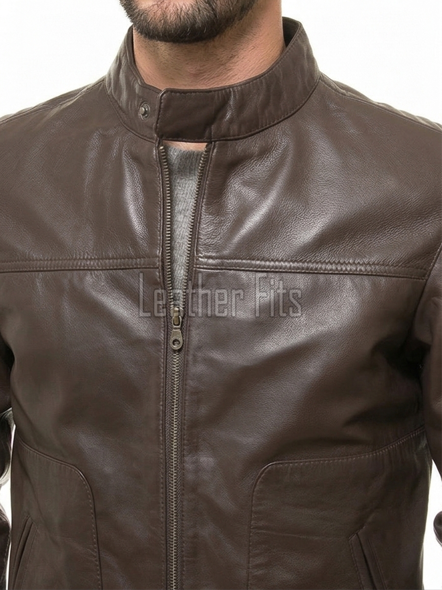 Men Chocolate Brown Leather Jacket - Premium Real Sheepskin Urban Cruiser Moto Highway Rider Coat Tailored Plain Sleek Outerwear Genuine