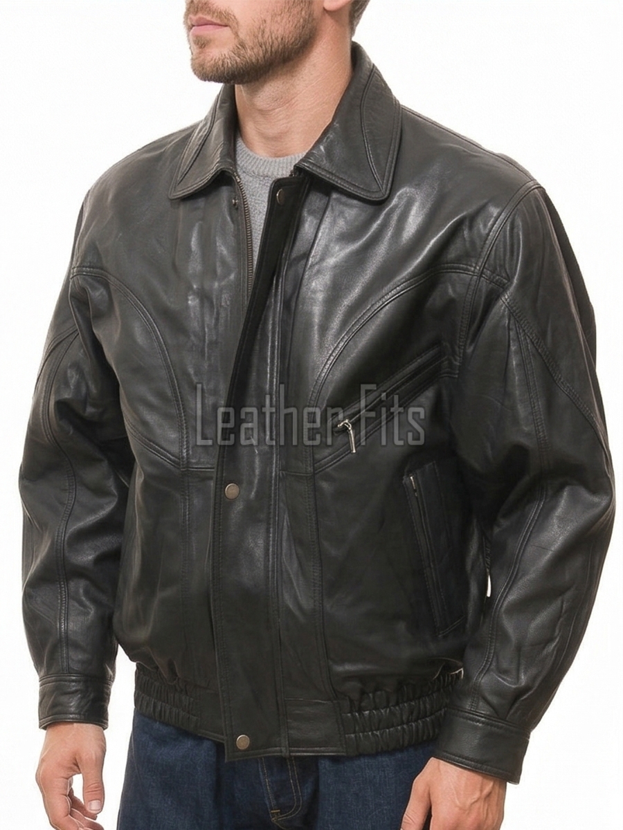 Men Black Leather Jacket - Premium Sheepskin Bomber Coat Turn Down Shirt Collar Arc Panel Asymmetrical Zip Flight Jacket Casual Men