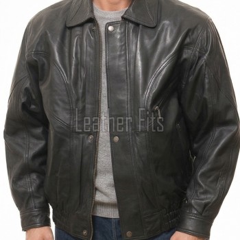 Men Black Leather Jacket - Premium Sheepskin Bomber Coat Turn Down Shirt Collar Arc Panel Asymmetrical Zip Flight Jacket Casual Men