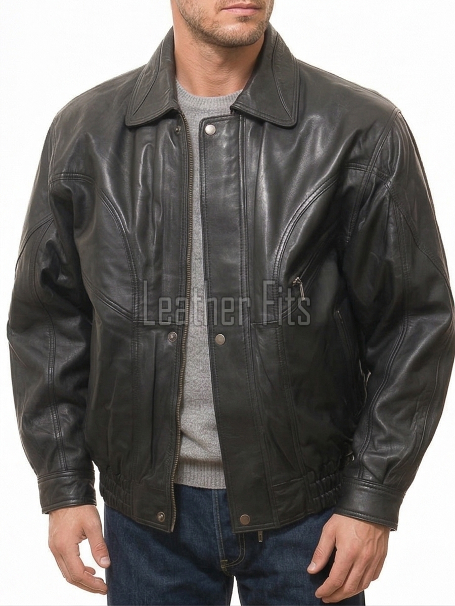 Men Black Leather Jacket - Premium Sheepskin Bomber Coat Turn Down Shirt Collar Arc Panel Asymmetrical Zip Flight Jacket Casual Men