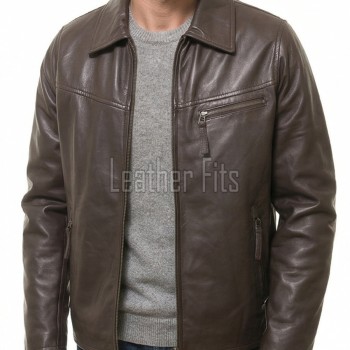 Men Brown Leather Jacket - Premium Sheepskin Utility Coat Turn Down Shirt Collar Multi Zipper Classic Smooth Casual Outerwear Men