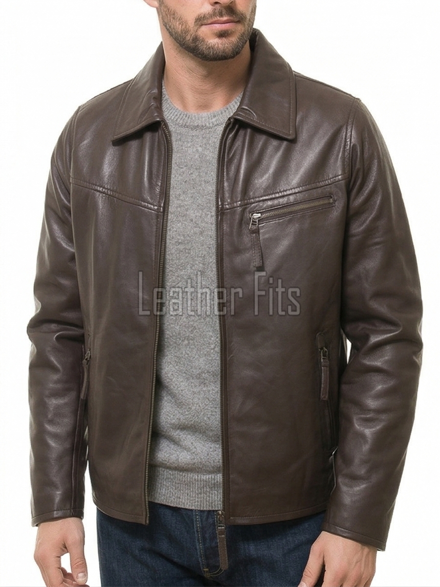 Men Brown Leather Jacket - Premium Sheepskin Utility Coat Turn Down Shirt Collar Multi Zipper Classic Smooth Casual Outerwear Men