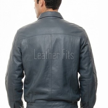 Men Petrol Blue Leather Jacket - Premium Sheepskin Bomber Coat Turn Down Shirt Collar Vertical Panel Concealed Zip Flight Casual Outerwear