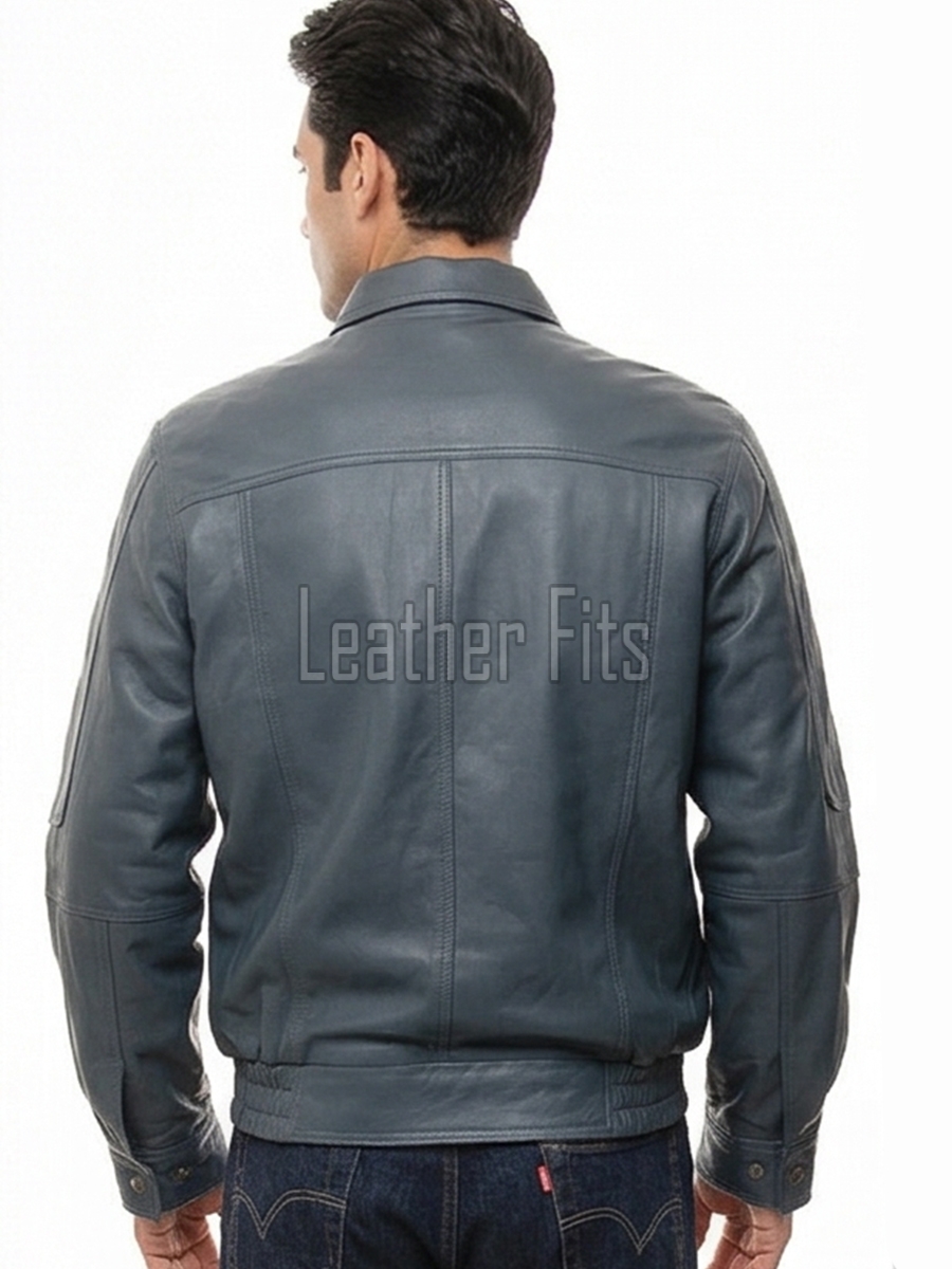 Men Petrol Blue Leather Jacket - Premium Sheepskin Bomber Coat Turn Down Shirt Collar Vertical Panel Concealed Zip Flight Casual Outerwear