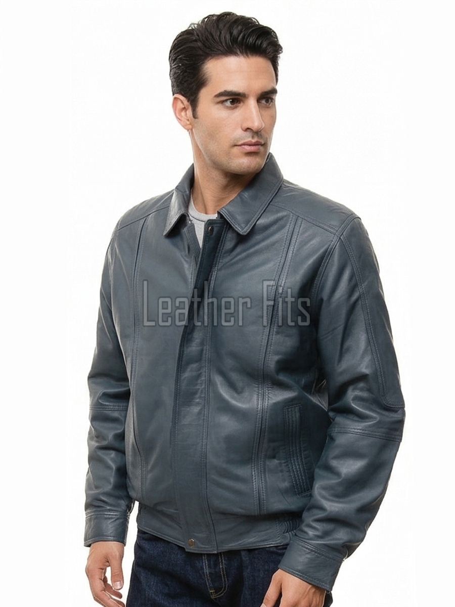 Men Petrol Blue Leather Jacket - Premium Sheepskin Bomber Coat Turn Down Shirt Collar Vertical Panel Concealed Zip Flight Casual Outerwear