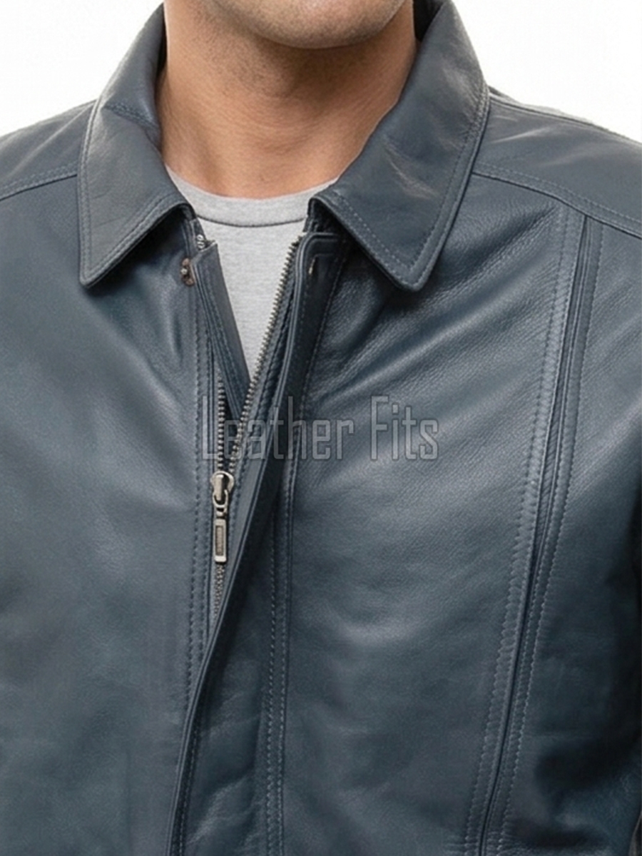 Men Petrol Blue Leather Jacket - Premium Sheepskin Bomber Coat Turn Down Shirt Collar Vertical Panel Concealed Zip Flight Casual Outerwear
