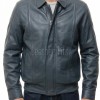 Men Petrol Blue Leather Jacket - Premium Sheepskin Bomber Coat Turn Down Shirt Collar Vertical Panel Concealed Zip Flight Casual Outerwear