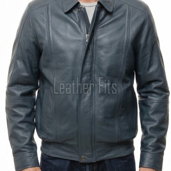 Men Petrol Blue Leather Jacket - Premium Sheepskin Bomber Coat Turn Down Shirt Collar Vertical Panel Concealed Zip Flight Casual Outerwear