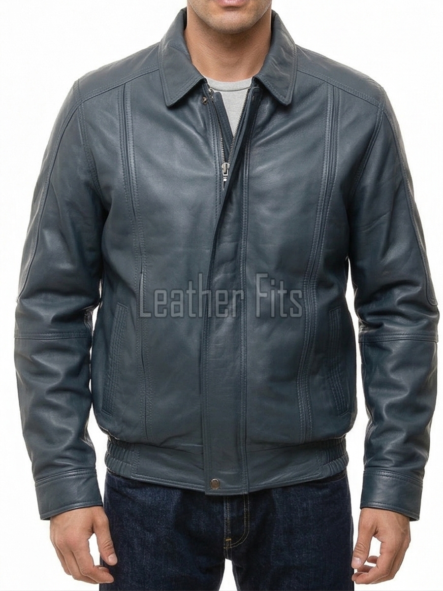 Men Petrol Blue Leather Jacket - Premium Sheepskin Bomber Coat Turn Down Shirt Collar Vertical Panel Concealed Zip Flight Casual Outerwear