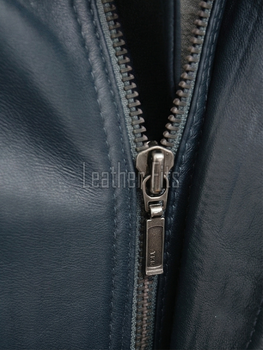 Men Petrol Blue Leather Jacket - Premium Sheepskin Bomber Coat Turn Down Shirt Collar Vertical Panel Concealed Zip Flight Casual Outerwear