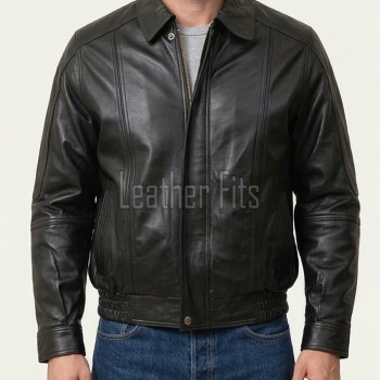 Men Black Leather Jacket - Premium Real Sheepskin Bomber Coat Turn Down Shirt Collar Multi Vertical Panel Fly Front Windbreaker Casual Men