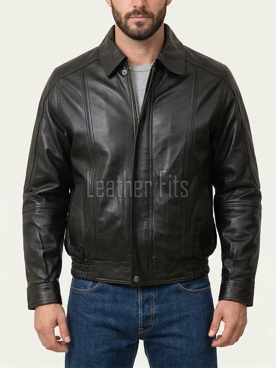 Men Black Leather Jacket - Premium Real Sheepskin Bomber Coat Turn Down Shirt Collar Multi Vertical Panel Fly Front Windbreaker Casual Men