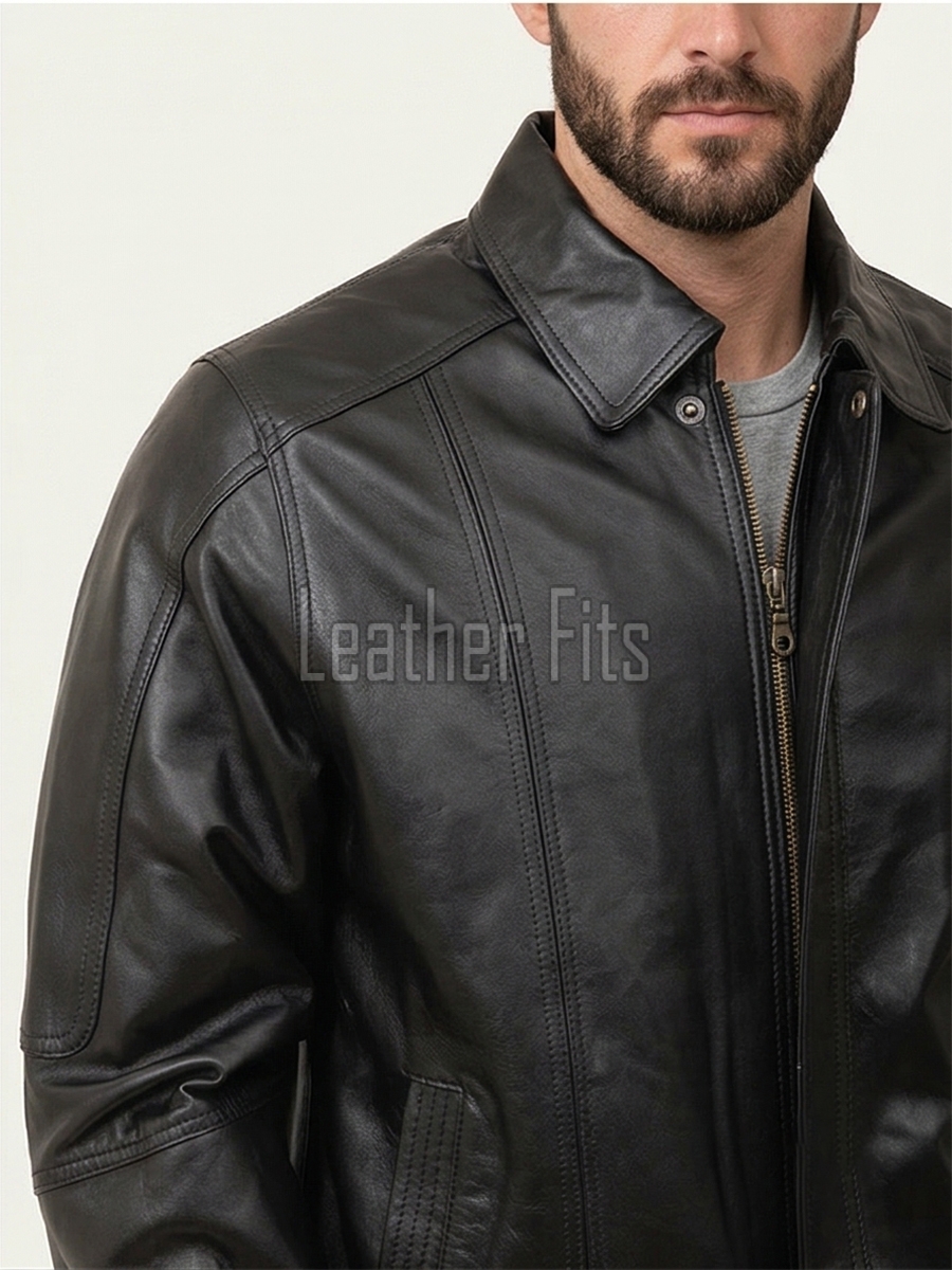 Men Black Leather Jacket - Premium Real Sheepskin Bomber Coat Turn Down Shirt Collar Multi Vertical Panel Fly Front Windbreaker Casual Men