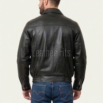 Men Black Leather Jacket - Premium Real Sheepskin Bomber Coat Turn Down Shirt Collar Multi Vertical Panel Fly Front Windbreaker Casual Men