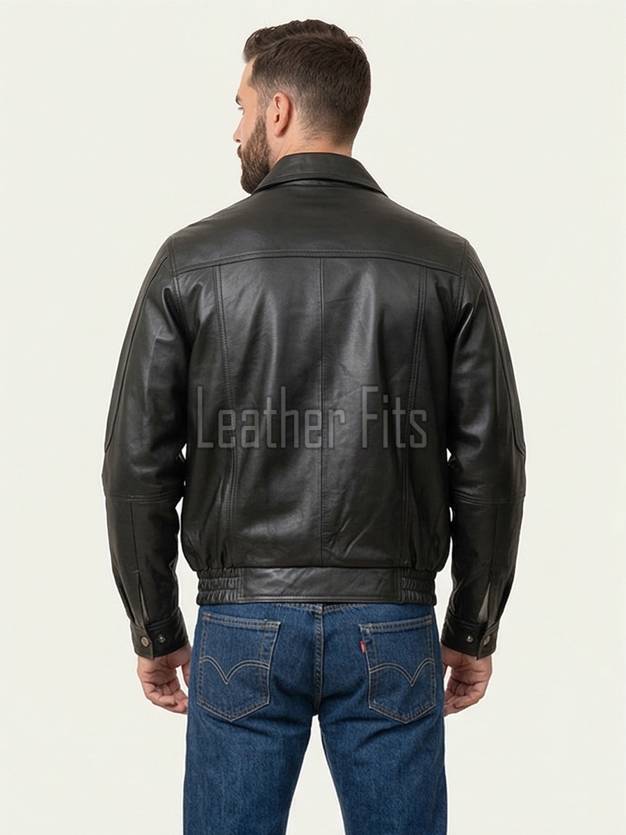 Men Black Leather Jacket - Premium Real Sheepskin Bomber Coat Turn Down Shirt Collar Multi Vertical Panel Fly Front Windbreaker Casual Men