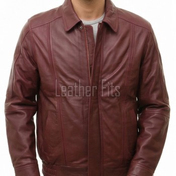 Men Burgundy Leather Jacket - Premium Sheepskin Bomber Coat Turn Down Shirt Collar Multi Vertical Panel Fly Front Windbreaker Casual Wine