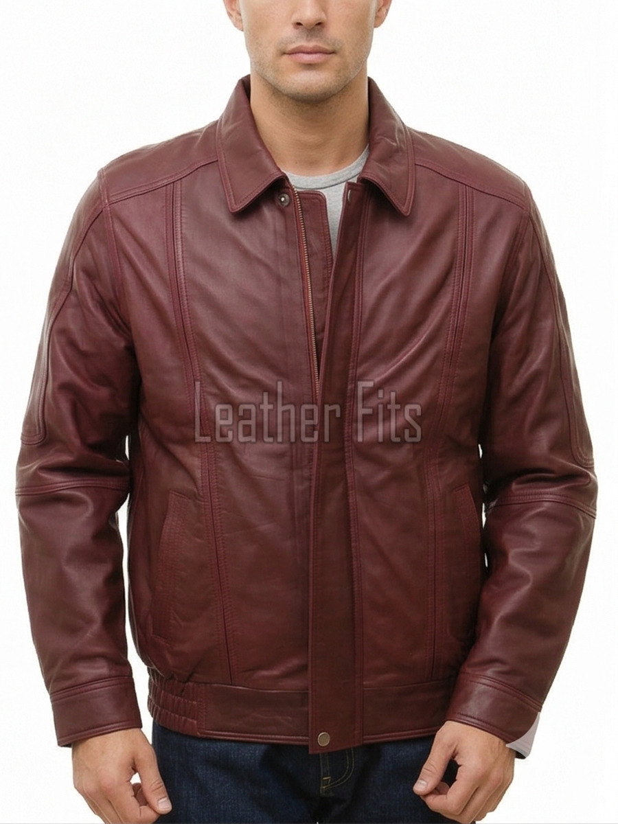 Men Burgundy Leather Jacket - Premium Sheepskin Bomber Coat Turn Down Shirt Collar Multi Vertical Panel Fly Front Windbreaker Casual Wine