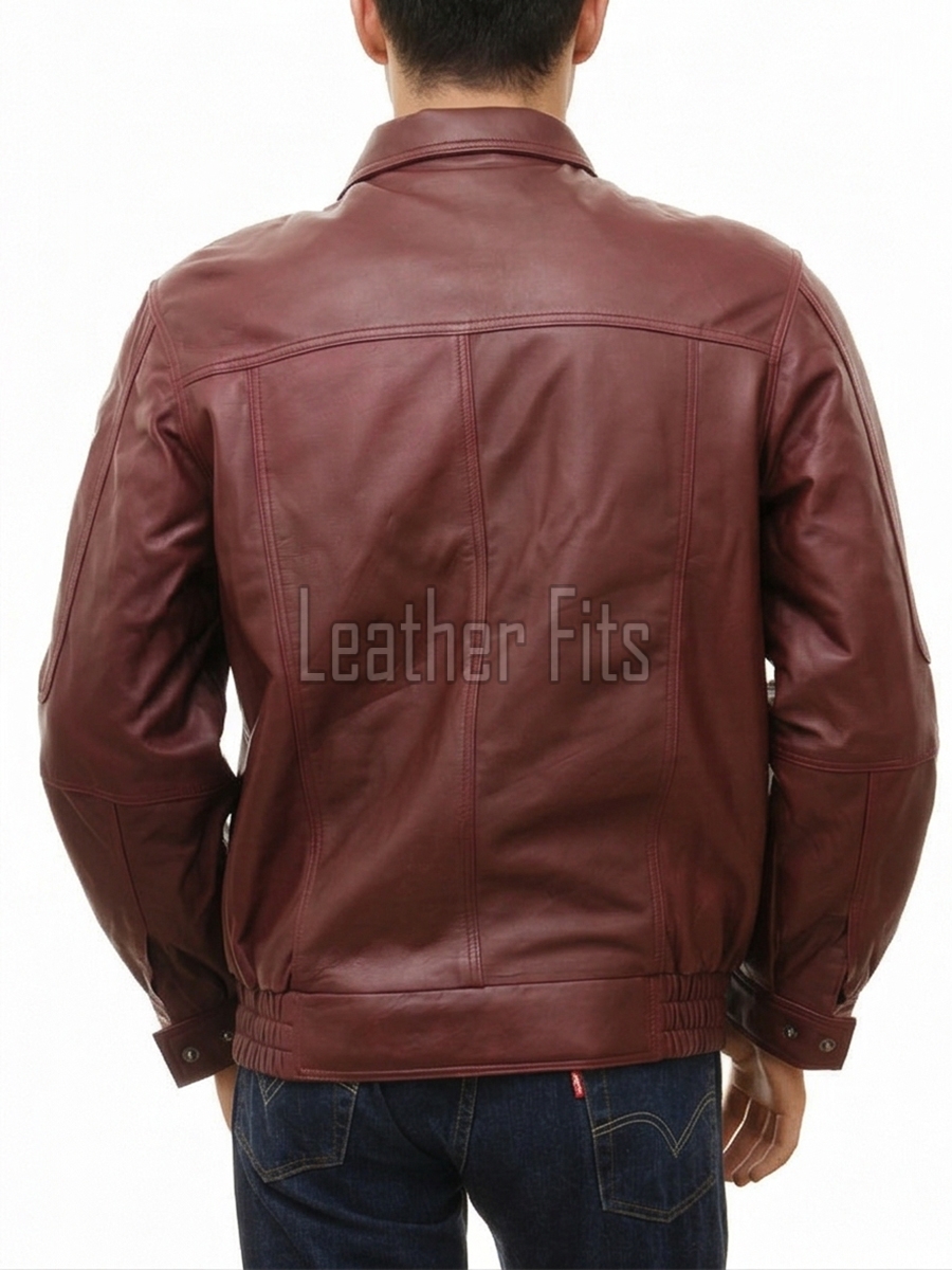 Men Burgundy Leather Jacket - Premium Sheepskin Bomber Coat Turn Down Shirt Collar Multi Vertical Panel Fly Front Windbreaker Casual Wine