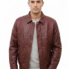 Men Burgundy Leather Jacket - Premium Sheepskin Bomber Coat Turn Down Shirt Collar Multi Vertical Panel Fly Front Windbreaker Casual Wine