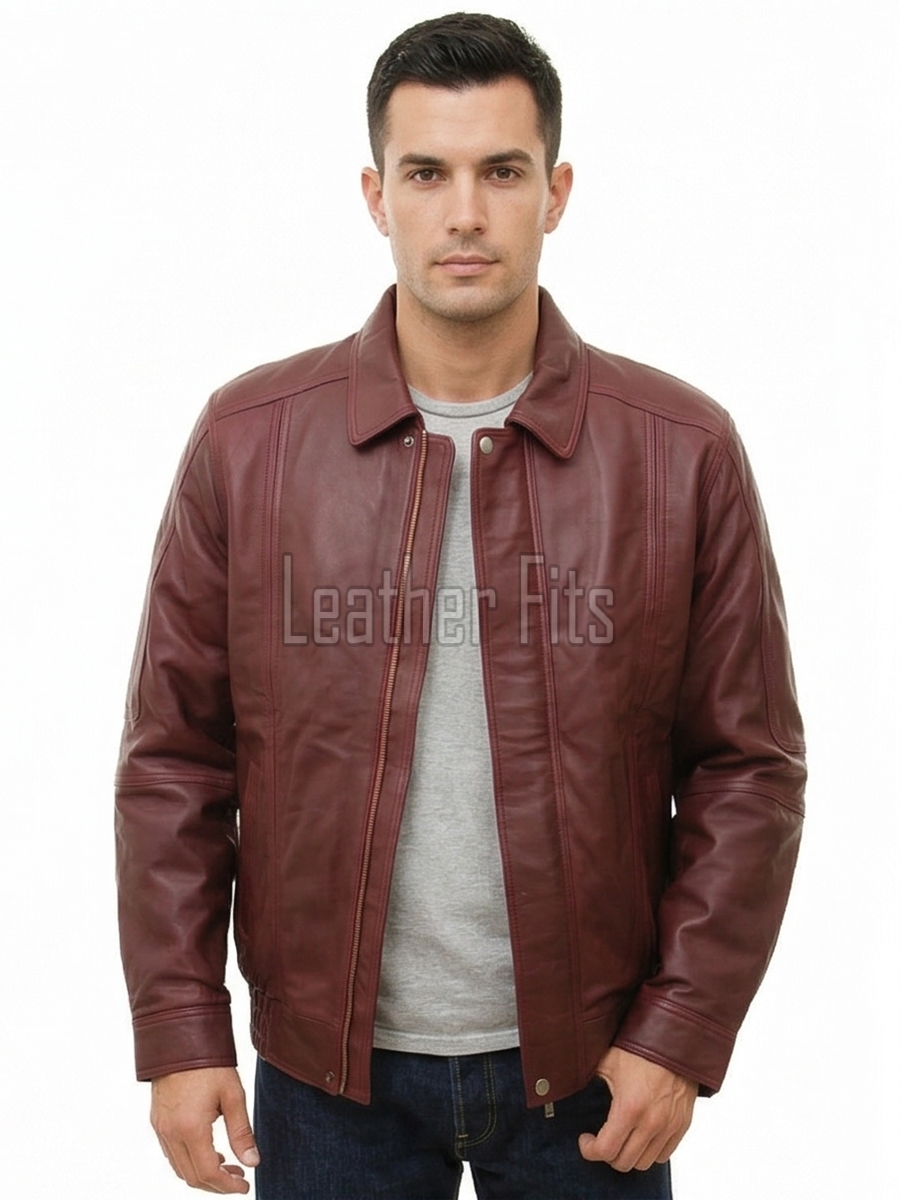 Men Burgundy Leather Jacket - Premium Sheepskin Bomber Coat Turn Down Shirt Collar Multi Vertical Panel Fly Front Windbreaker Casual Wine