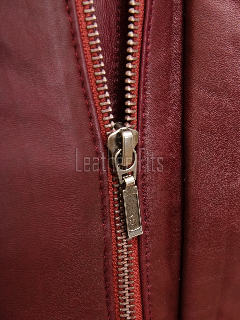 Men Burgundy Leather Jacket - Premium Sheepskin Bomber Coat Turn Down Shirt Collar Multi Vertical Panel Fly Front Windbreaker Casual Wine