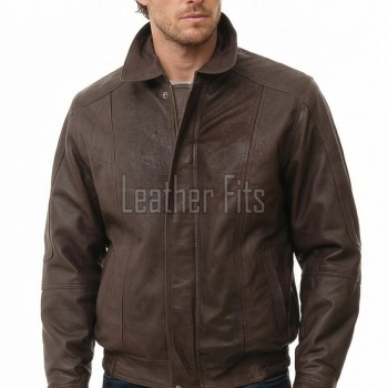 Men Brown Leather Jacket - Premium Sheepskin Bomber Coat Turn Down Shirt Collar Antique Distressed Multi Panel Fly Front Vintage Flight Men