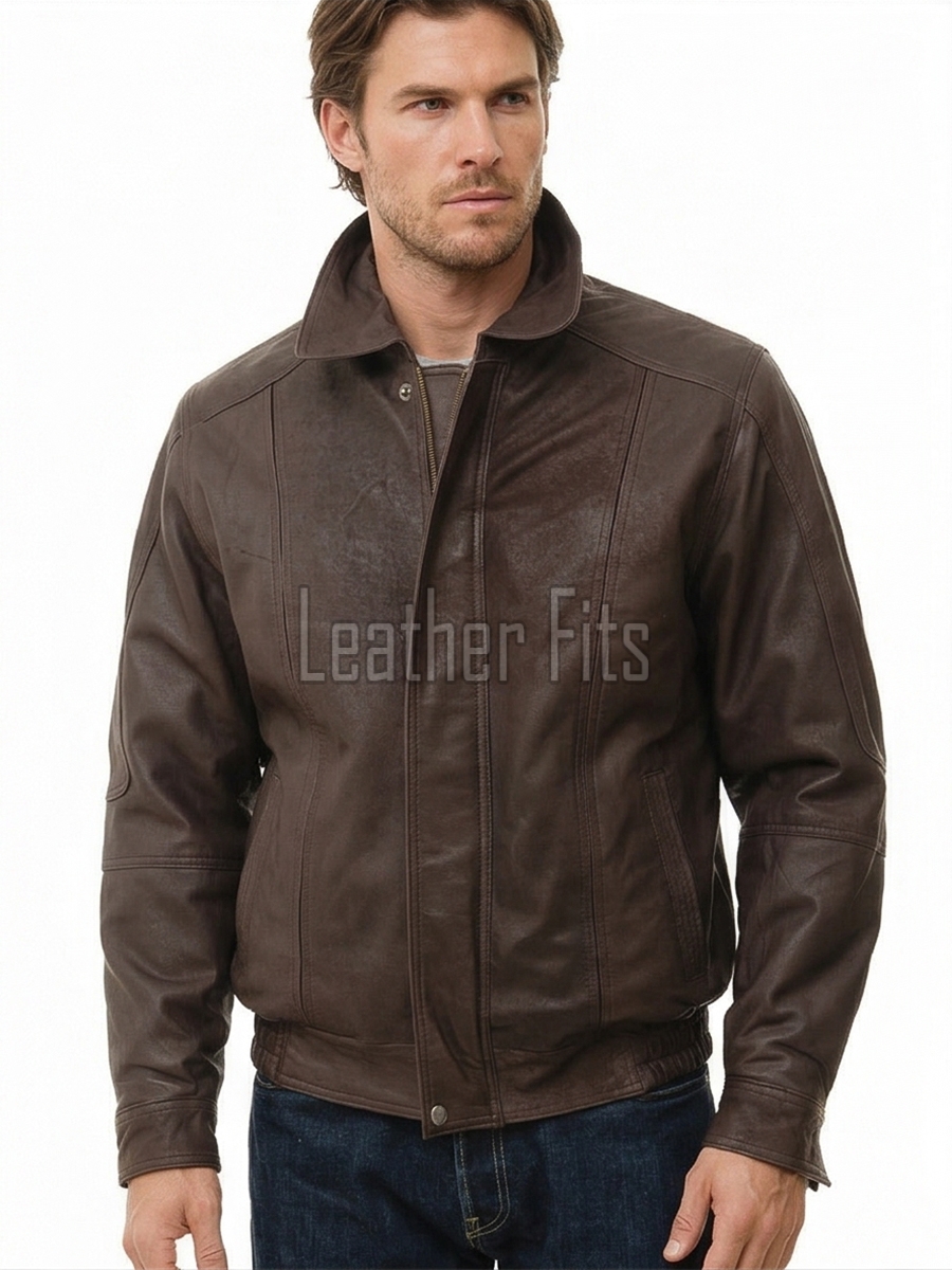Men Brown Leather Jacket - Premium Sheepskin Bomber Coat Turn Down Shirt Collar Antique Distressed Multi Panel Fly Front Vintage Flight Men